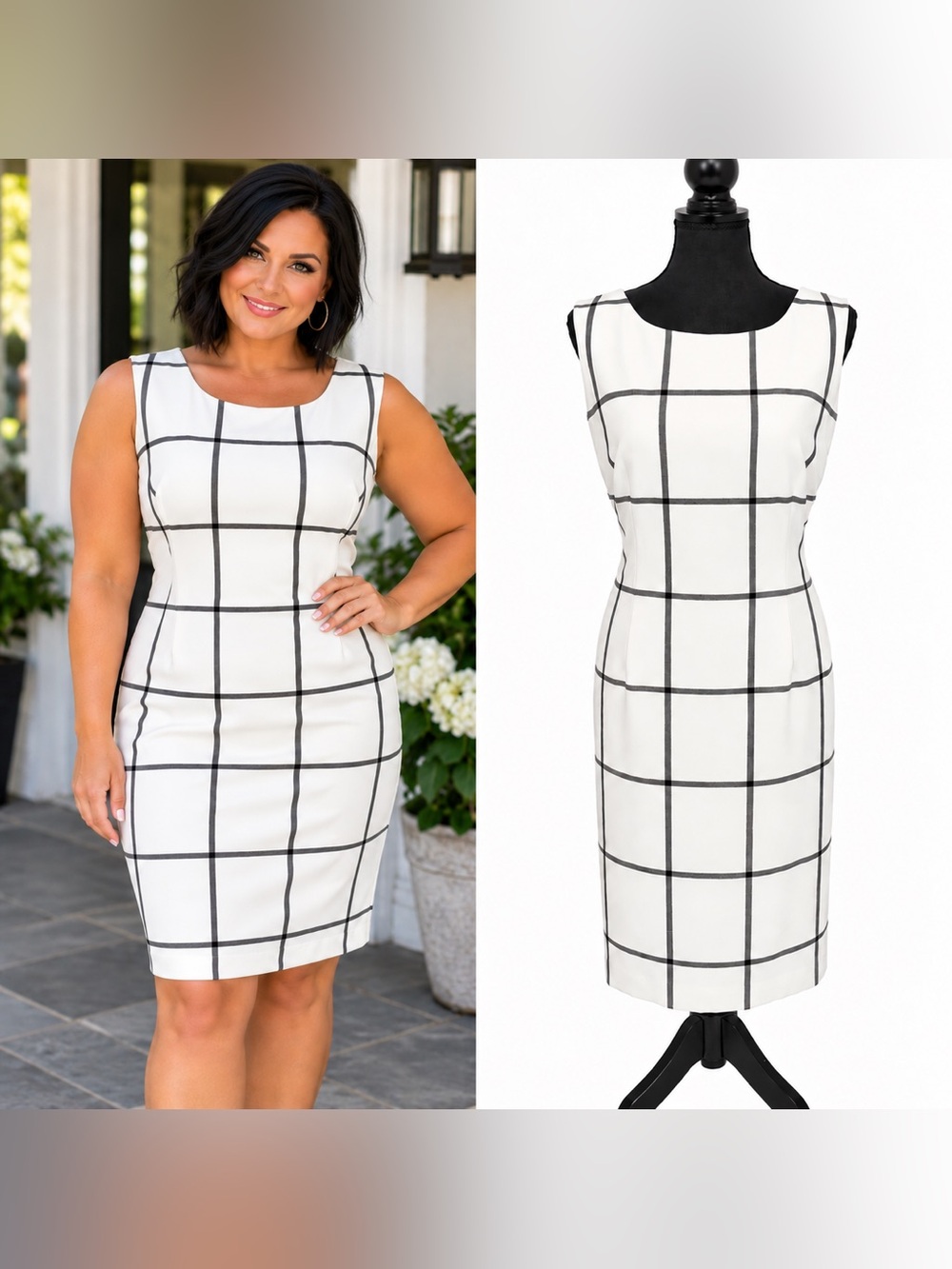 Preston & York Windowpane Lined Sheath Dress Women’s Size 14 Classic Preppy Glam